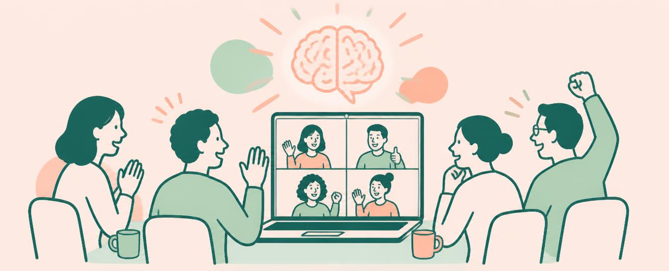 Illustration of a small group of people in a warm, friendly online coaching session