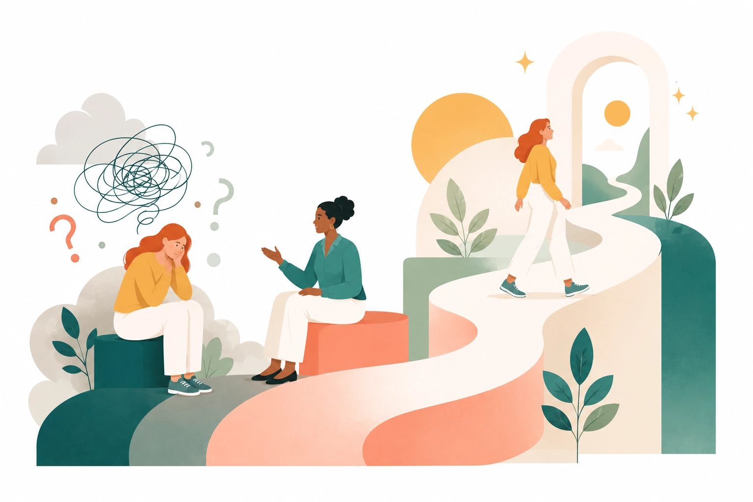 Illustration of an ADHD coaching journey from overwhelm to clarity