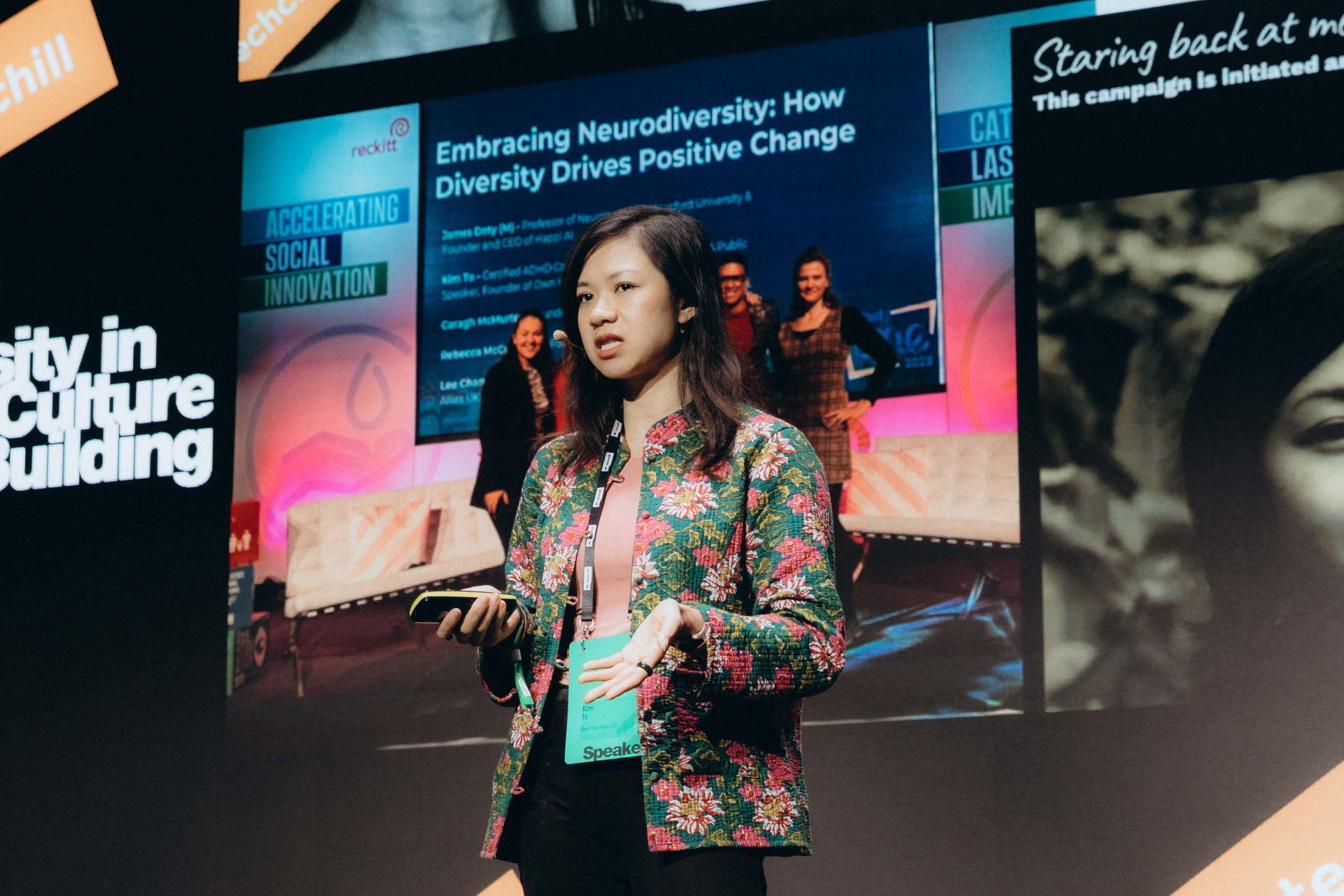 Kim To speaking close up at TechChill on neurodiversity in startup culture and team building