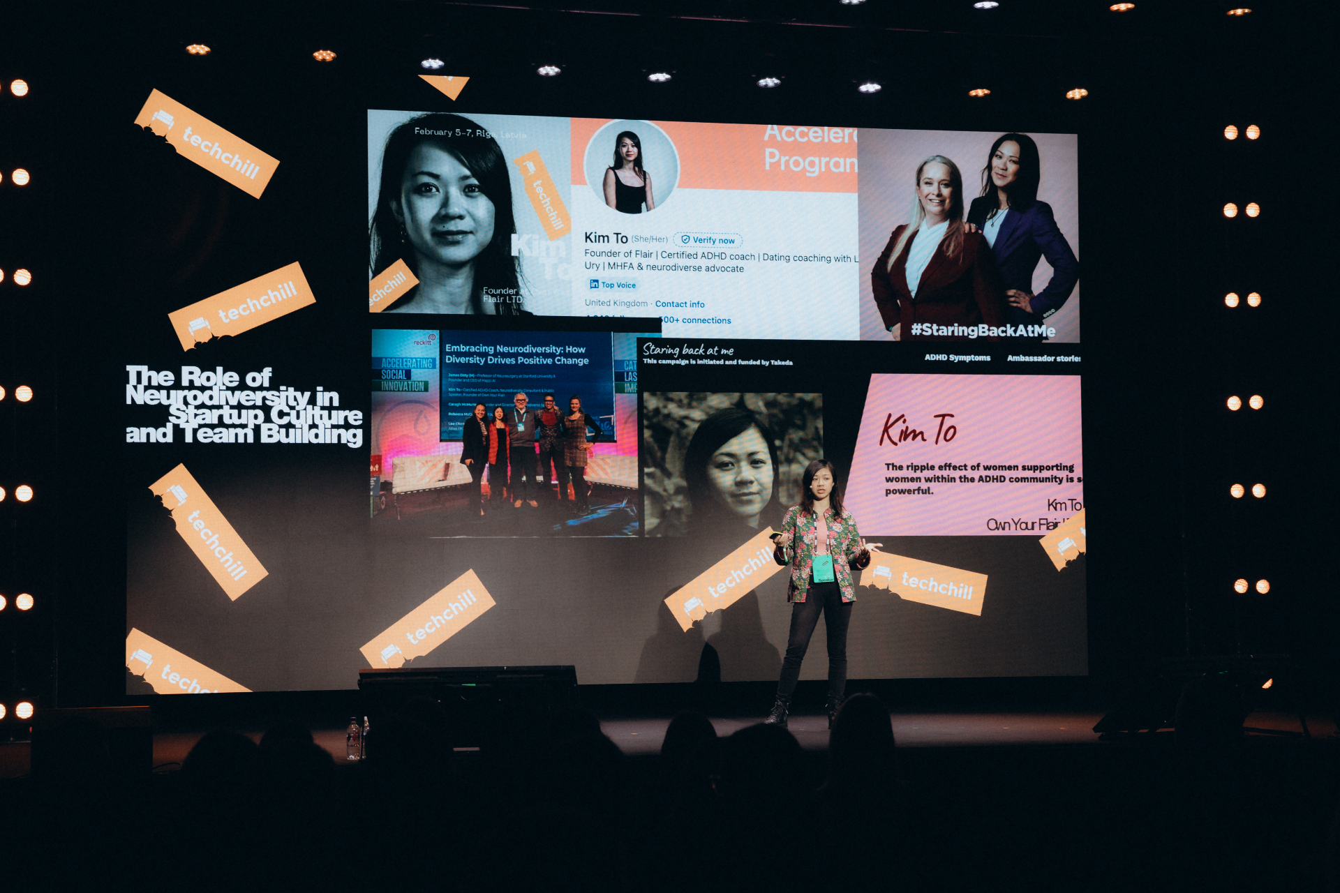 Kim To presenting LinkedIn Top Voice profile and Embracing Neurodiversity panel slides at TechChill keynote