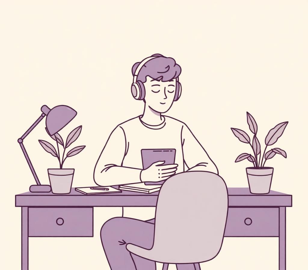 Illustration of a neurodivergent adult working comfortably with supportive tools around them.
